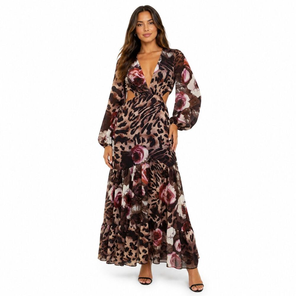 Giffniseti Dress Womens Medium Leopard Floral Chiffon Cutout Maxi Long Sleeve